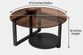 BAYTONA MX131 Modern Round Smoked-Glass Coffee Table with Storage Shelf – Black Metal Base