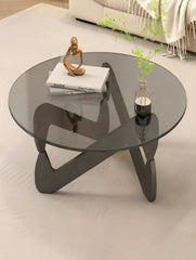 BAYTONA MX132 Modern Smoked Glass Coffee Table with Sculptural Wood Base – Minimalist Designer Center Table