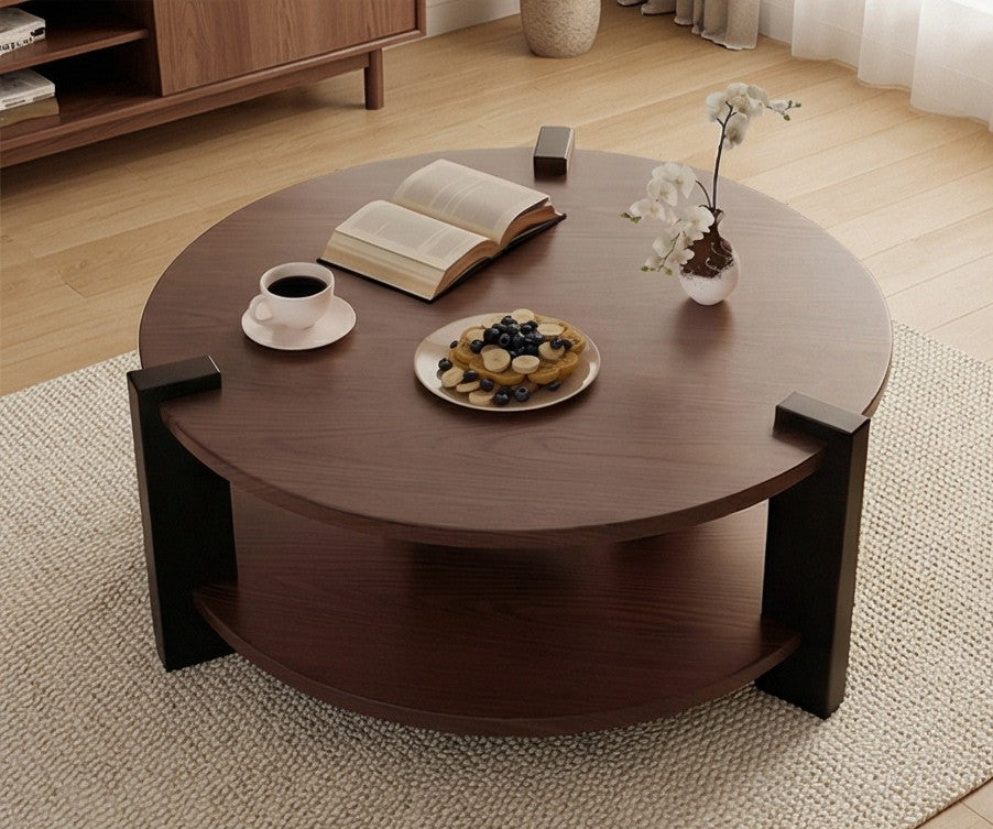 BAYTONA MX156 Modern Round Solid Wood Coffee Table with Two-Tier Storage – Dark Walnut Finish