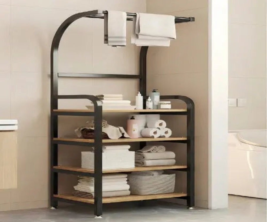 BAYTONA MX097 4-Tier Bathroom Storage Shelf with Towel Rack – Metal Frame & Wood Shelves Baytona