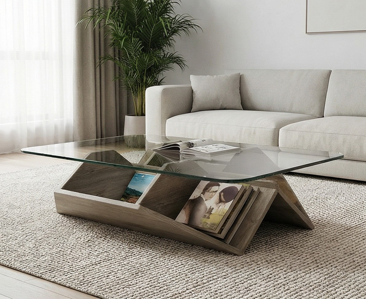 BAYTONA MX157 Modern Tempered Glass Coffee Table with Built-In Bookshelf Base – Multi-Functional Living Room Centerpiece