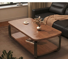 BAYTONA CF004 Modern Walnut Coffee Table with Black Metal Frame & Two-Tier Storage