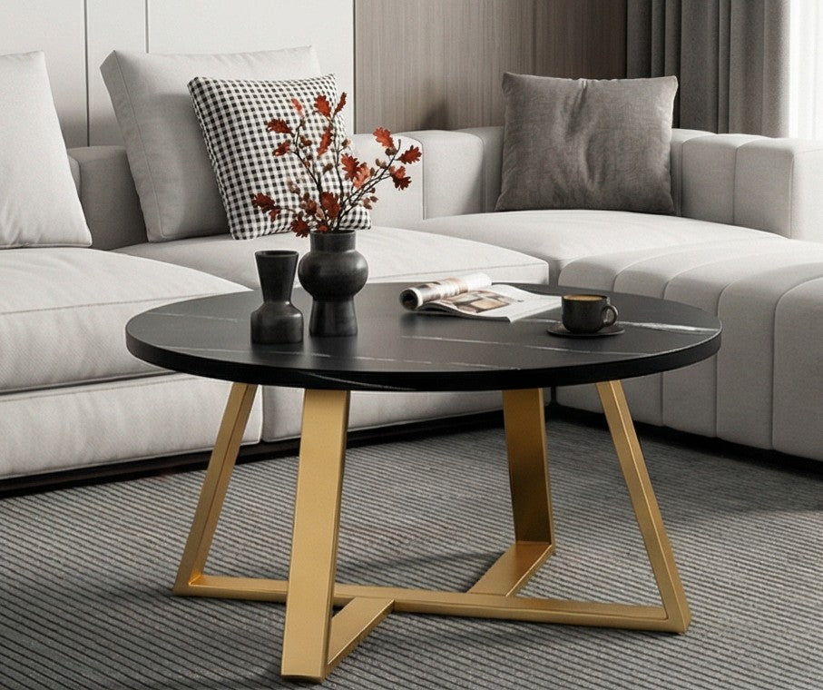 BAYTONA CF005 Modern Round Black Marble-Look Coffee Table with Gold Geometric Metal Base – Luxury Living Room Centerpiece