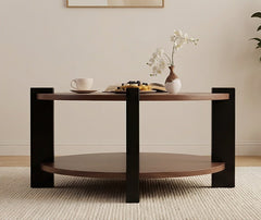 BAYTONA MX156 Modern Round Solid Wood Coffee Table with Two-Tier Storage – Dark Walnut Finish