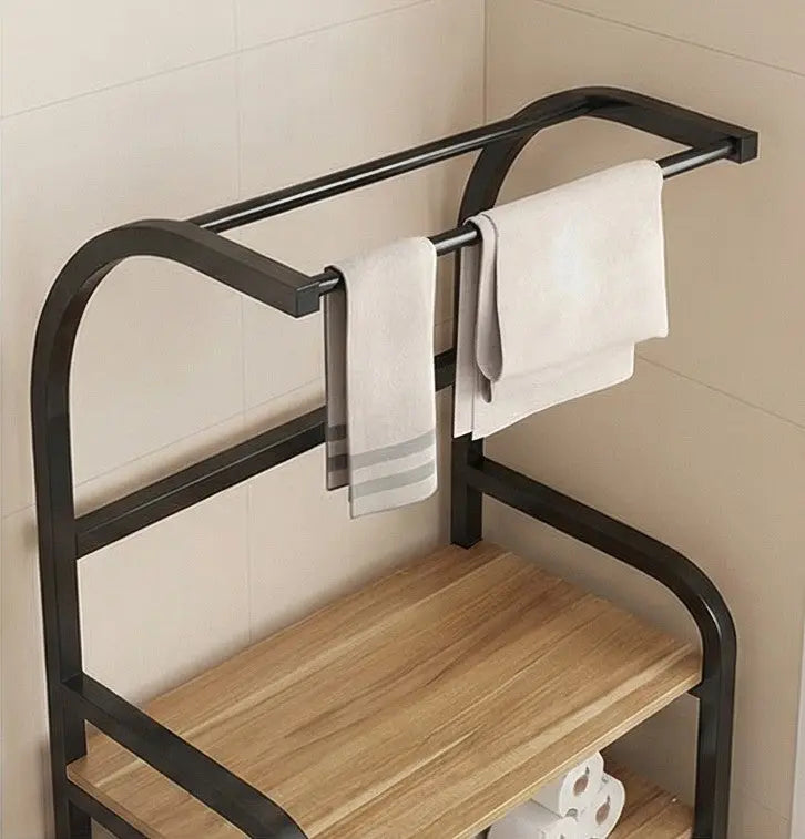 BAYTONA MX097 4-Tier Bathroom Storage Shelf with Towel Rack – Metal Frame & Wood Shelves Baytona