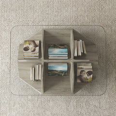 BAYTONA MX157 Modern Tempered Glass Coffee Table with Built-In Bookshelf Base – Multi-Functional Living Room Centerpiece