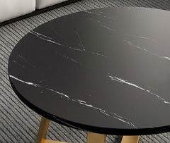 BAYTONA CF005 Modern Round Black Marble-Look Coffee Table with Gold Geometric Metal Base – Luxury Living Room Centerpiece