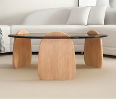 BAYTONA CF003 Modern Round Smoked Glass Coffee Table with Solid Wood Petal Legs
