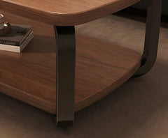 BAYTONA CF004 Modern Walnut Coffee Table with Black Metal Frame & Two-Tier Storage