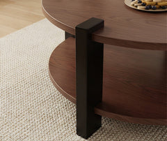 BAYTONA MX156 Modern Round Solid Wood Coffee Table with Two-Tier Storage – Dark Walnut Finish