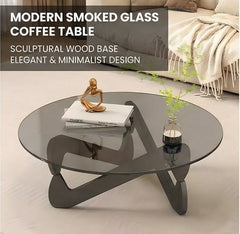 BAYTONA MX132 Modern Smoked Glass Coffee Table with Sculptural Wood Base – Minimalist Designer Center Table