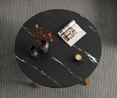 BAYTONA CF005 Modern Round Black Marble-Look Coffee Table with Gold Geometric Metal Base – Luxury Living Room Centerpiece