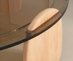 BAYTONA CF003 Modern Round Smoked Glass Coffee Table with Solid Wood Petal Legs