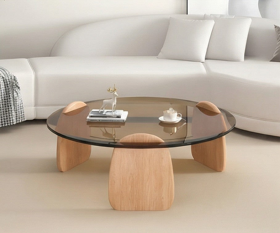 BAYTONA CF003 Modern Round Smoked Glass Coffee Table with Solid Wood Petal Legs