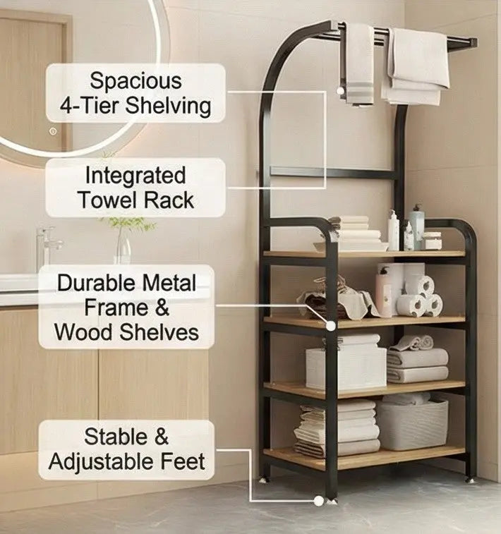 BAYTONA MX097 4-Tier Bathroom Storage Shelf with Towel Rack – Metal Frame & Wood Shelves Baytona