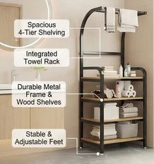 BAYTONA MX097 4-Tier Bathroom Storage Shelf with Towel Rack – Metal Frame & Wood Shelves Baytona