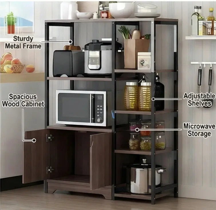 BAYTONA MX080 Multi-Tier Kitchen Storage Rack with Cabinet – Metal Frame & Wood Shelves Baytona
