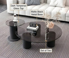 BAYTONA MX136 Modern Dark Tempered Glass Coffee Table Set of 2 – Round Minimalist Tables with Matte Black Metal Base