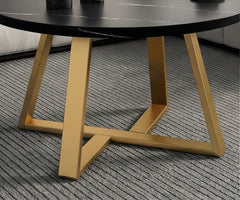 BAYTONA CF005 Modern Round Black Marble-Look Coffee Table with Gold Geometric Metal Base – Luxury Living Room Centerpiece