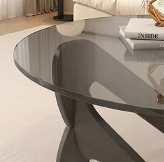 BAYTONA MX132 Modern Smoked Glass Coffee Table with Sculptural Wood Base – Minimalist Designer Center Table