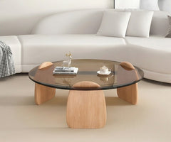 BAYTONA CF003 Modern Round Smoked Glass Coffee Table with Solid Wood Petal Legs