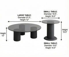 BAYTONA MX136 Modern Dark Tempered Glass Coffee Table Set of 2 – Round Minimalist Tables with Matte Black Metal Base