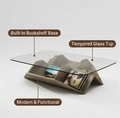 BAYTONA MX157 Modern Tempered Glass Coffee Table with Built-In Bookshelf Base – Multi-Functional Living Room Centerpiece