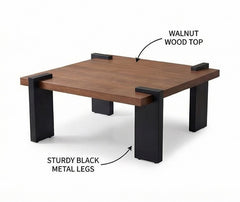 BAYTONA MX155 Modern Walnut Wood Coffee Table with Sturdy Black Metal Legs – Minimalist Square Design