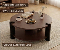 BAYTONA MX156 Modern Round Solid Wood Coffee Table with Two-Tier Storage – Dark Walnut Finish