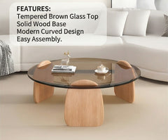 BAYTONA CF003 Modern Round Smoked Glass Coffee Table with Solid Wood Petal Legs