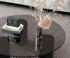 BAYTONA MX136 Modern Dark Tempered Glass Coffee Table Set of 2 – Round Minimalist Tables with Matte Black Metal Base