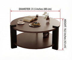 BAYTONA MX156 Modern Round Solid Wood Coffee Table with Two-Tier Storage – Dark Walnut Finish