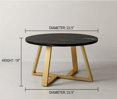BAYTONA CF005 Modern Round Black Marble-Look Coffee Table with Gold Geometric Metal Base – Luxury Living Room Centerpiece