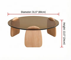 BAYTONA CF003 Modern Round Smoked Glass Coffee Table with Solid Wood Petal Legs