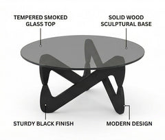BAYTONA MX132 Modern Smoked Glass Coffee Table with Sculptural Wood Base – Minimalist Designer Center Table
