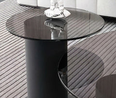 BAYTONA MX136 Modern Dark Tempered Glass Coffee Table Set of 2 – Round Minimalist Tables with Matte Black Metal Base
