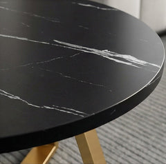 BAYTONA CF005 Modern Round Black Marble-Look Coffee Table with Gold Geometric Metal Base – Luxury Living Room Centerpiece