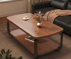 BAYTONA CF004 Modern Walnut Coffee Table with Black Metal Frame & Two-Tier Storage