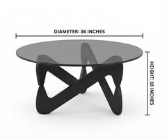 BAYTONA MX132 Modern Smoked Glass Coffee Table with Sculptural Wood Base – Minimalist Designer Center Table