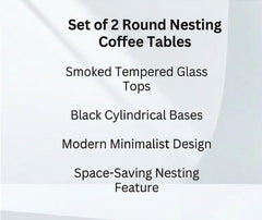 BAYTONA MX136 Modern Dark Tempered Glass Coffee Table Set of 2 – Round Minimalist Tables with Matte Black Metal Base