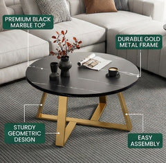 BAYTONA CF005 Modern Round Black Marble-Look Coffee Table with Gold Geometric Metal Base – Luxury Living Room Centerpiece