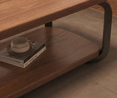 BAYTONA CF004 Modern Walnut Coffee Table with Black Metal Frame & Two-Tier Storage