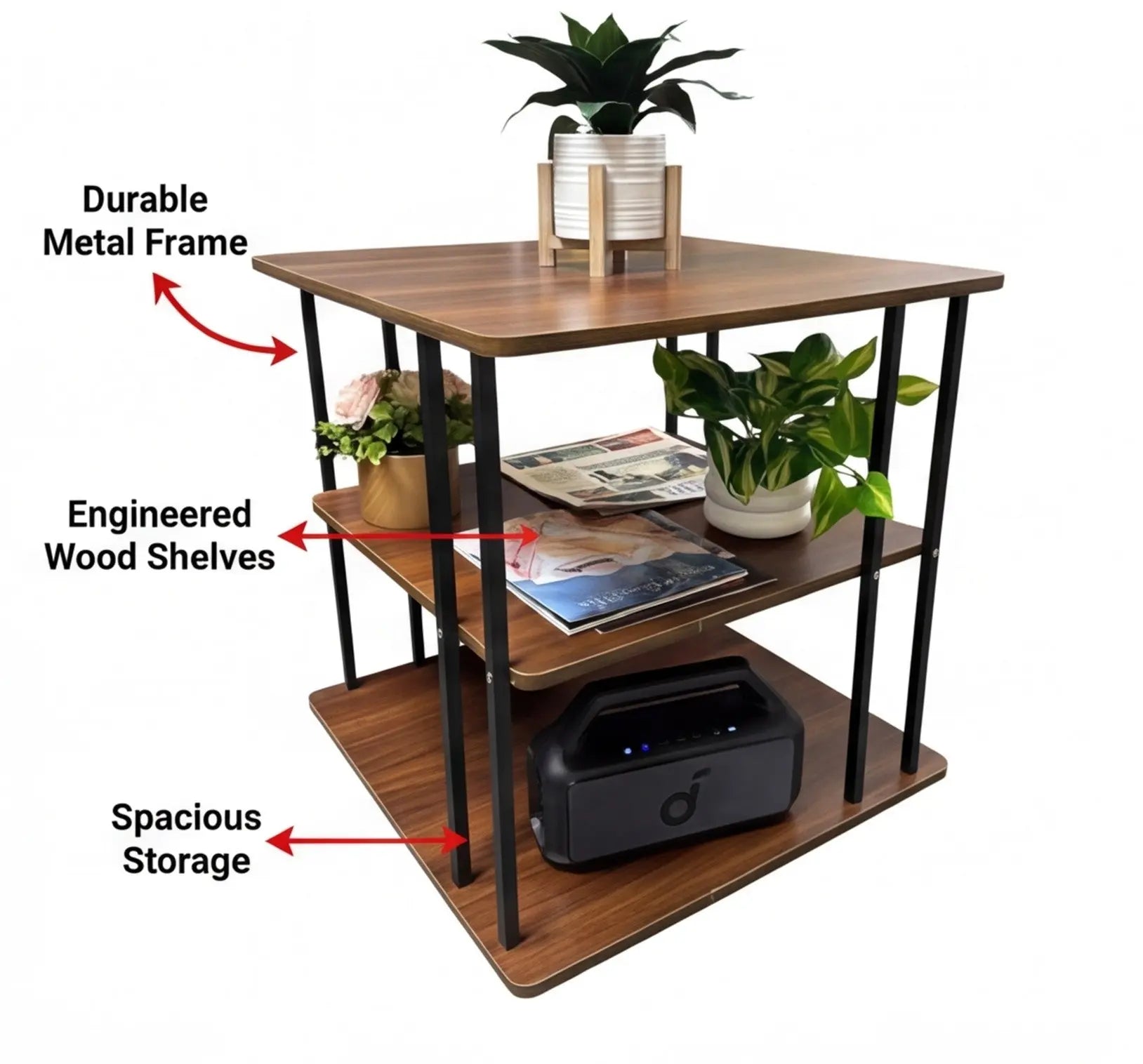 BAYTONA MX107 Three-Tier Dark Walnut Finish Side Table with Black Metal Frame – Multi-Level Storage Organizer Baytona