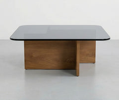 BAYTONA MX129 Modern Tempered Glass Coffee Table with Solid Wood Cross Base – Square Rounded Design