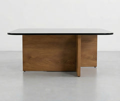 BAYTONA MX129 Modern Tempered Glass Coffee Table with Solid Wood Cross Base – Square Rounded Design