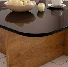 BAYTONA MX129 Modern Tempered Glass Coffee Table with Solid Wood Cross Base – Square Rounded Design