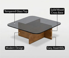 BAYTONA MX129 Modern Tempered Glass Coffee Table with Solid Wood Cross Base – Square Rounded Design
