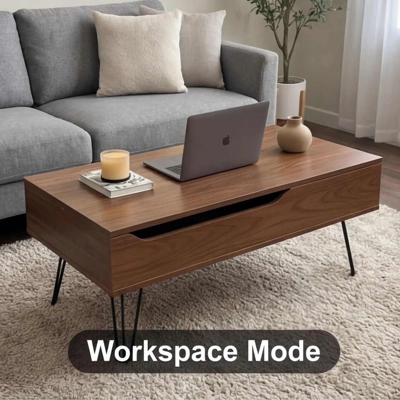 BAYTONA MX101 DUAL Modern Lift-Top Coffee Table with Hidden Storage & Hairpin Legs – Walnut Wood Finish Baytona