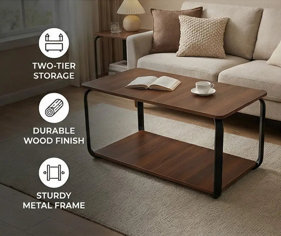 BAYTONA CF004 Modern Walnut Coffee Table with Black Metal Frame & Two-Tier Storage Baytona