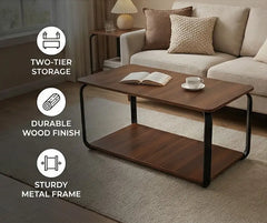BAYTONA CF004 Modern Walnut Coffee Table with Black Metal Frame & Two-Tier Storage Baytona
